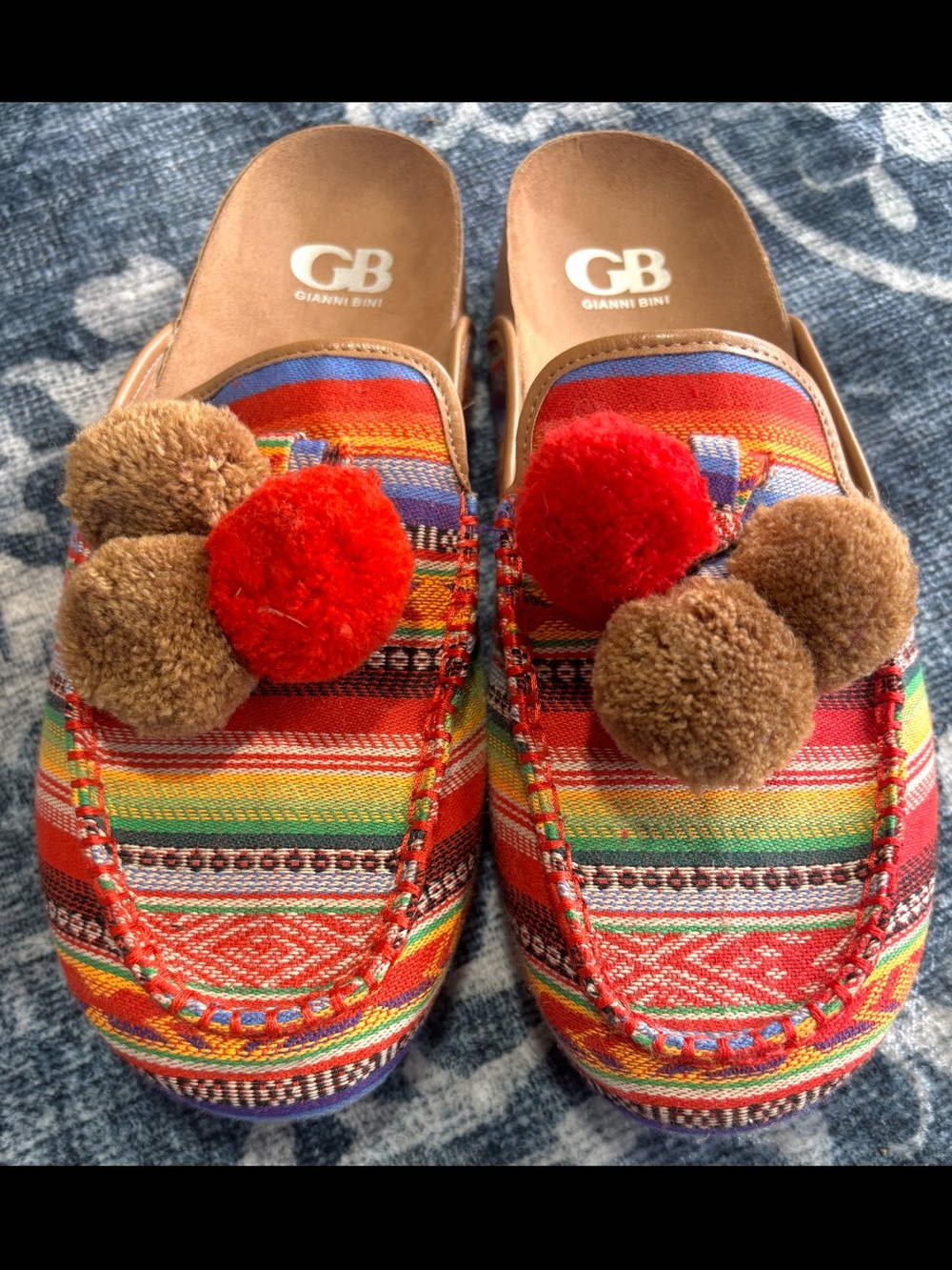 Gianni Bini Red, Brown Multicolor Striped Pom-Pom Mules
